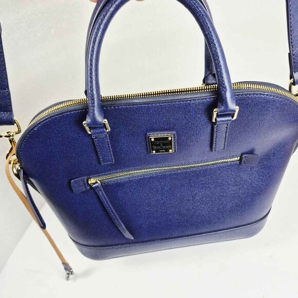 Dooney & Bourke Saffiano Leather Zip Satchel Purse Blue Gold Hardware Crossbody - Picture 1 of 16